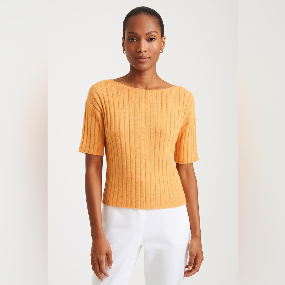 Eileen Fisher Vintage Orange Boat Neck Sweater with Ribbed Texture, Size Large